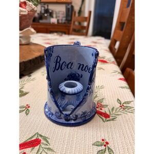 Vestal Portugal Hand Painted Ceramic Candle Holder Blue White Floral "Boa Noite"